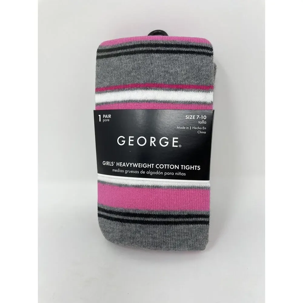 George Pink‎ Grey White Striped Heavyweight Cotton Tights Girl's Size 7-10 NWT